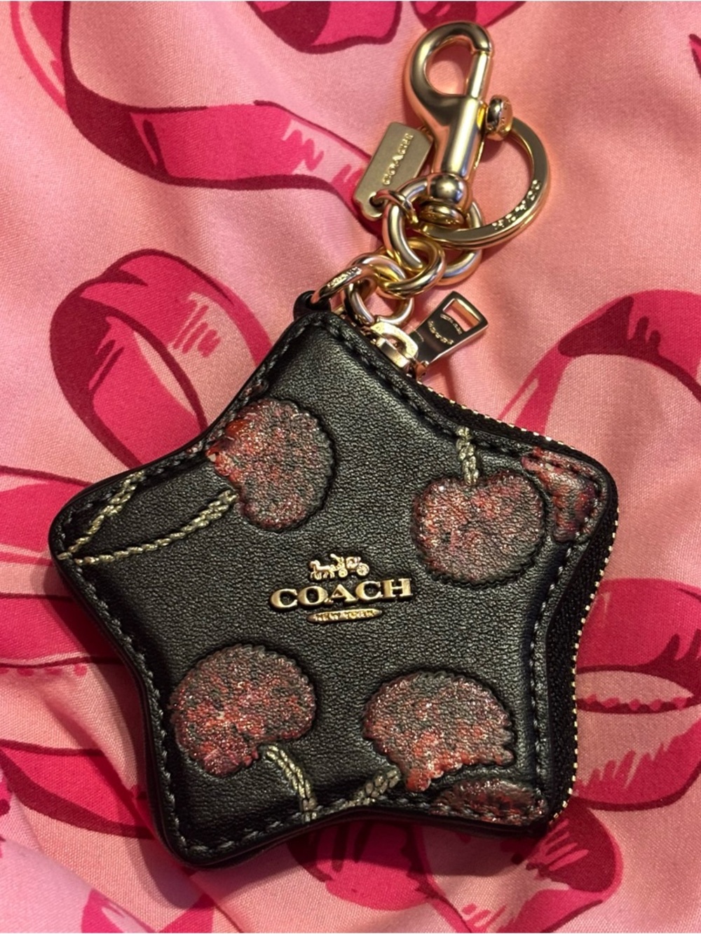 Coach Black Star Coin Pouch Key Charm with Cherry Accents